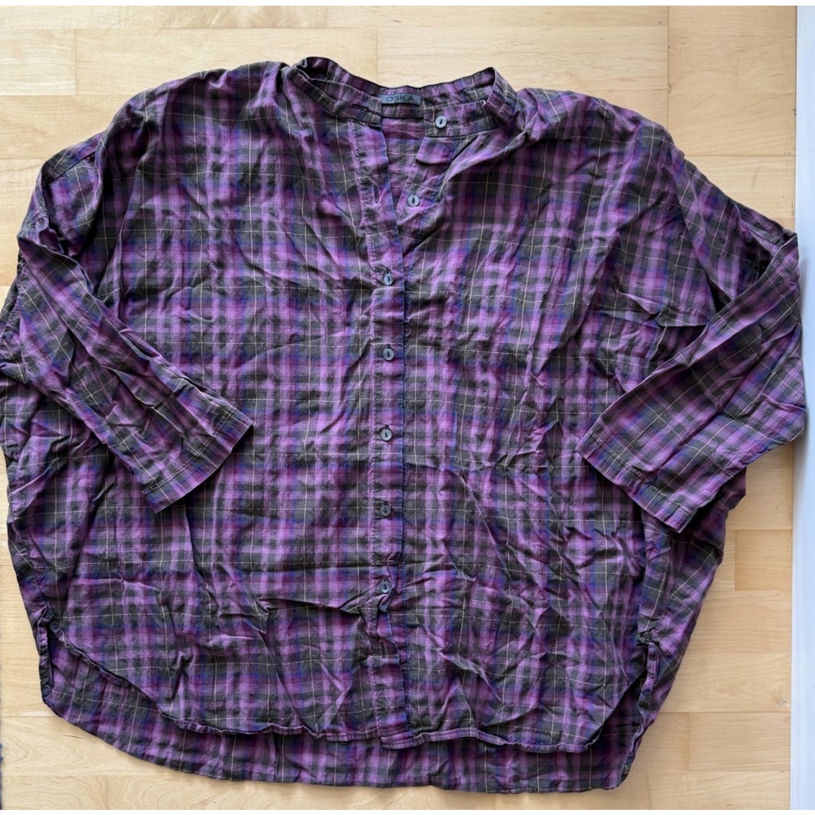 OSKA Purple Plaid Oversized Button Down Collarless 1 (small)