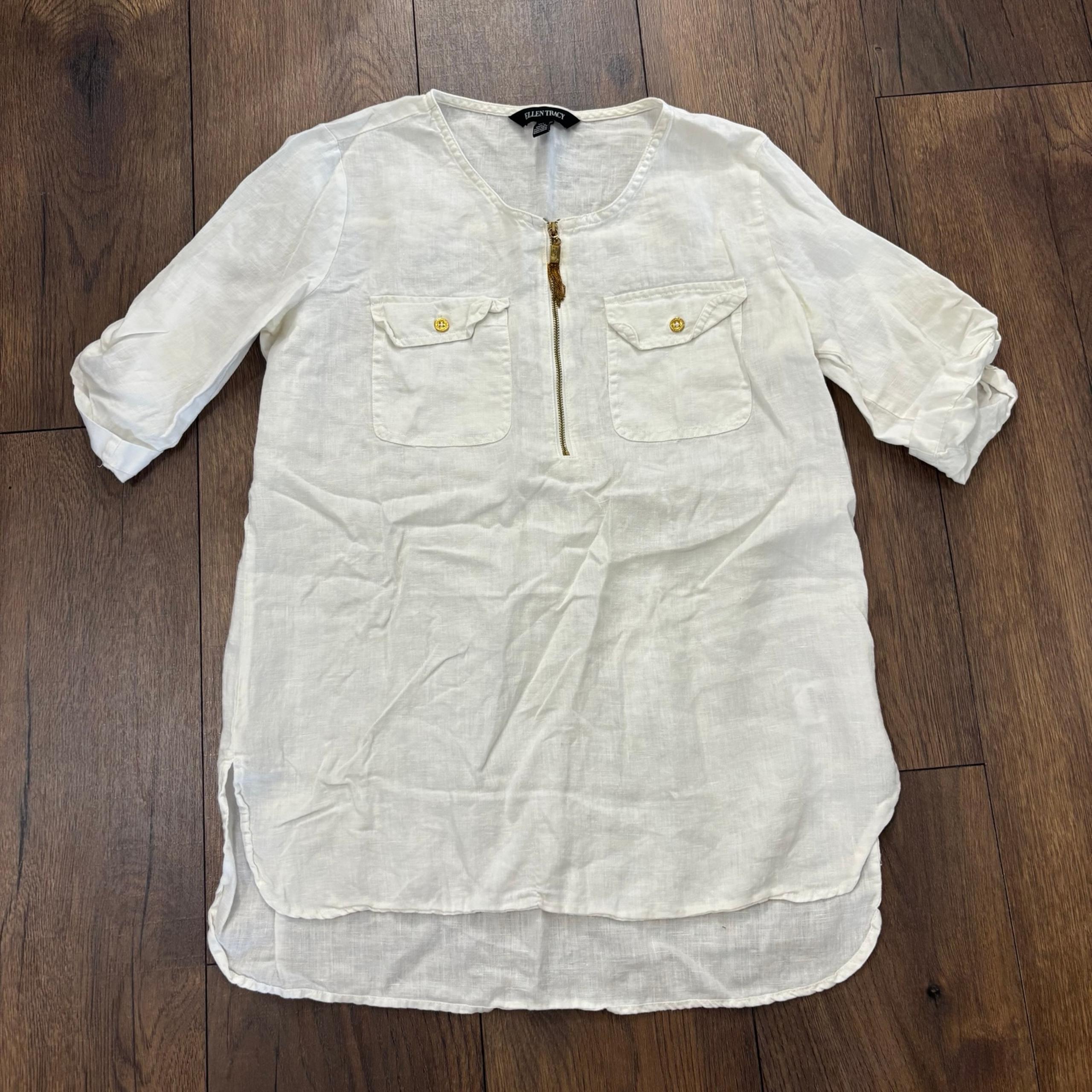 ELLEN TRACY White Scoop Neck 1/4 Zip Linen Blouse Top Roll Tab 3/4 Sleeve Size S