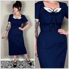 Vintage 1950s Blue Short Sleeve Wiggle Dress