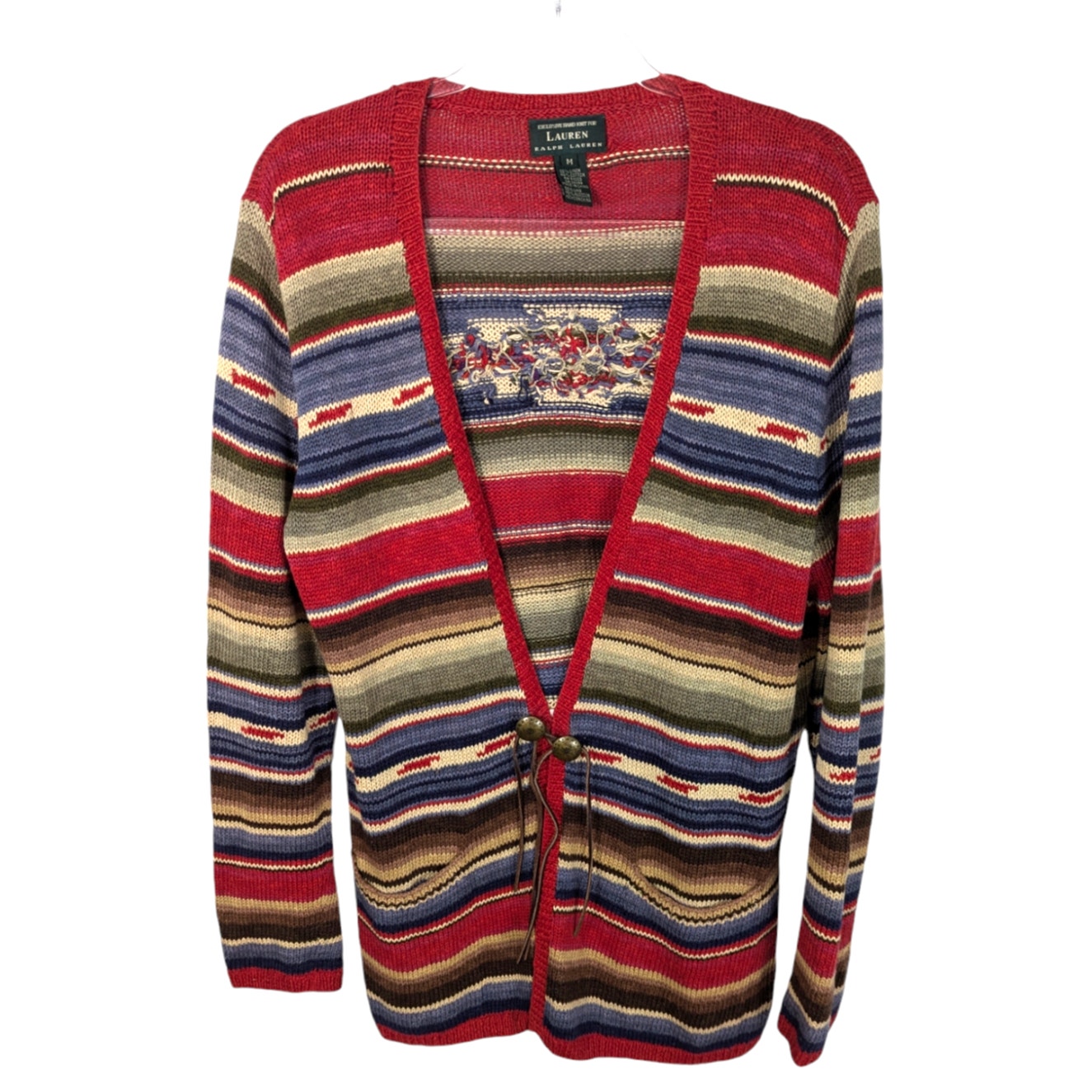 Lauren Ralph Lauren Handknit Cardigan Southwest Aztec Linen Cotton Stripe M