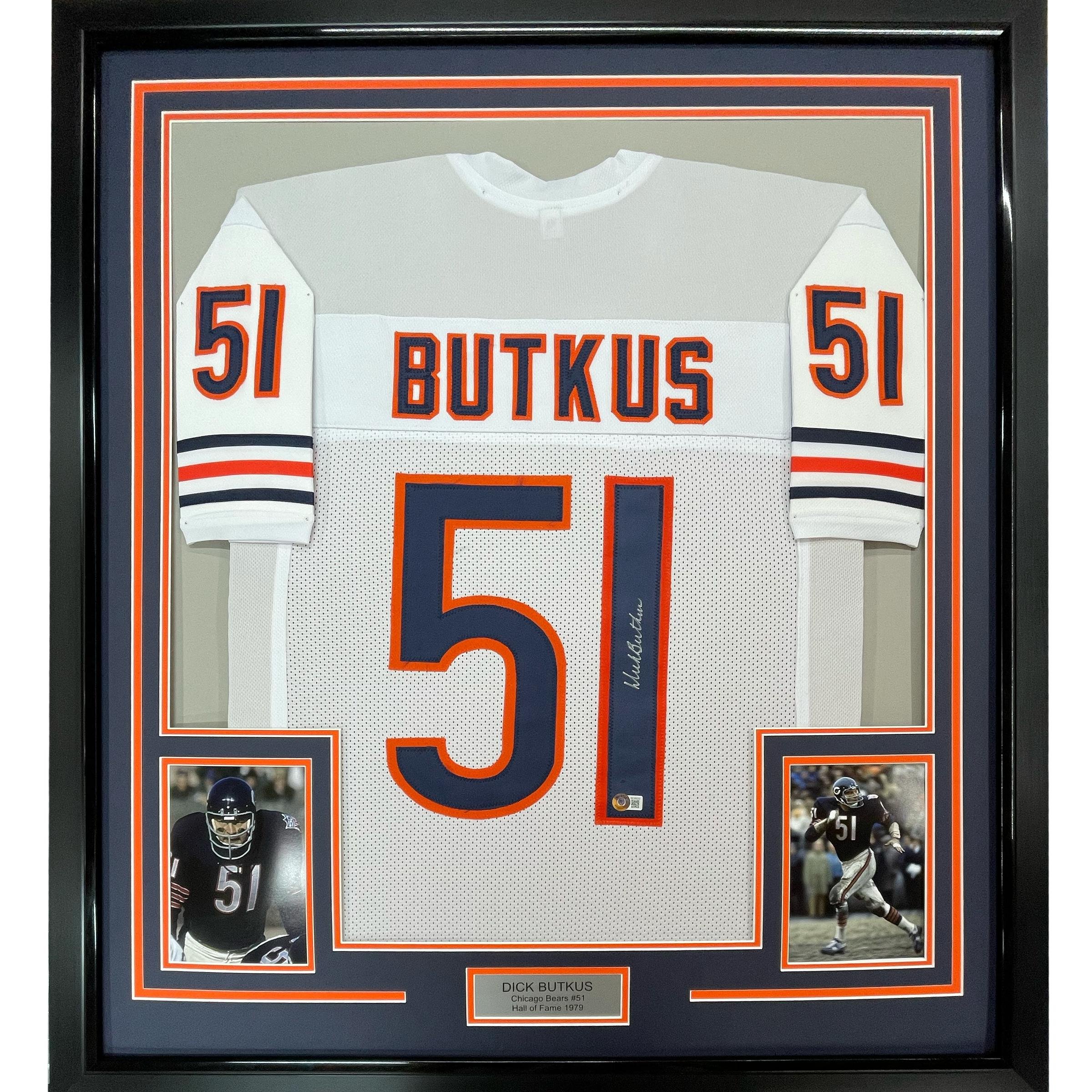Framed Autographed/Signed Dick Butkus 35x39 Chicago Bears White Jersey JSA COA