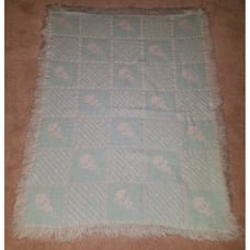 VTG Bright Future Rattles Blue White Knit Baby Blanket Acrylic Fringe 30x40