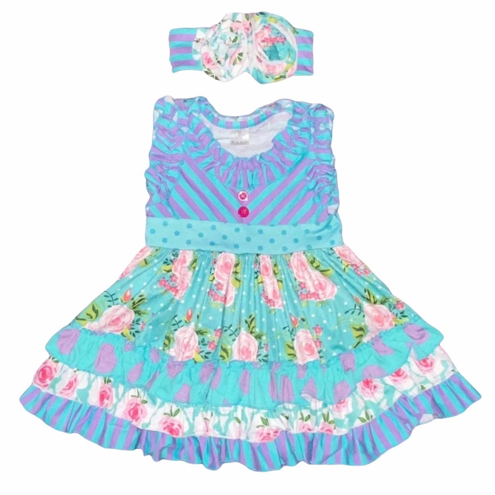 2T Toddler Girls Boutique Aqua Purple Patchwork Floral Twirl Dress Headband Set
