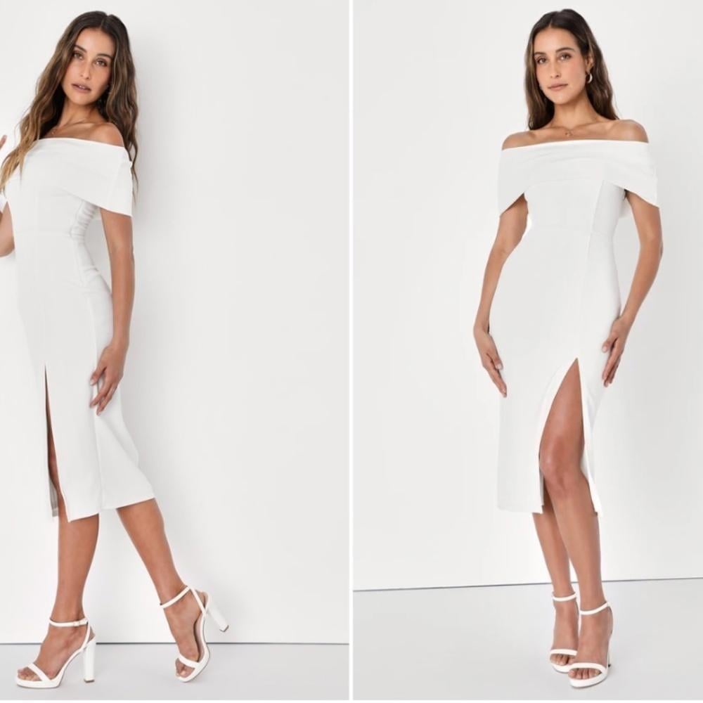 LULU's Bridal Chic Modern Sexy Minimalist Off the Shoulder Midi Dress