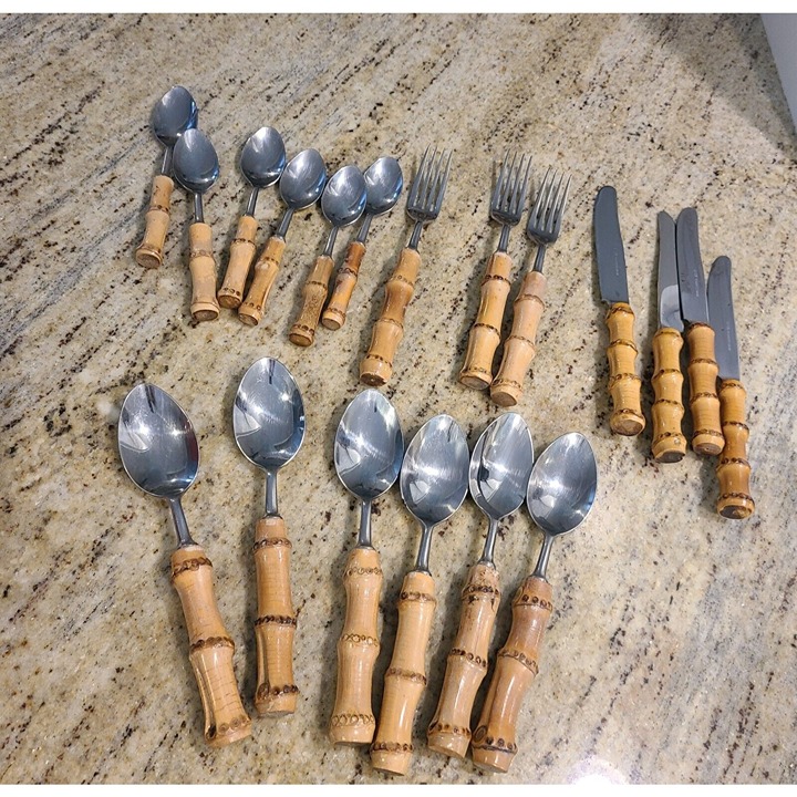 VINTAGE MID-CENTURY AUTHENTIC BAMBOO HANDLE TIKI FLATWARE STAINLESS STEEL JAPAN