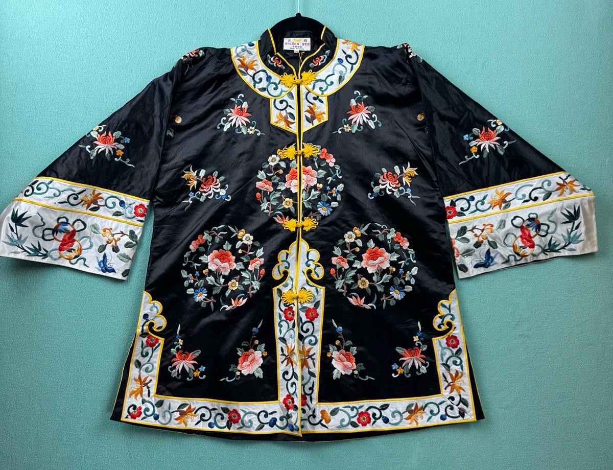 VTG Golden Bee Traditional Chinese Kimono Jacket Robe Women’s M Silk Black