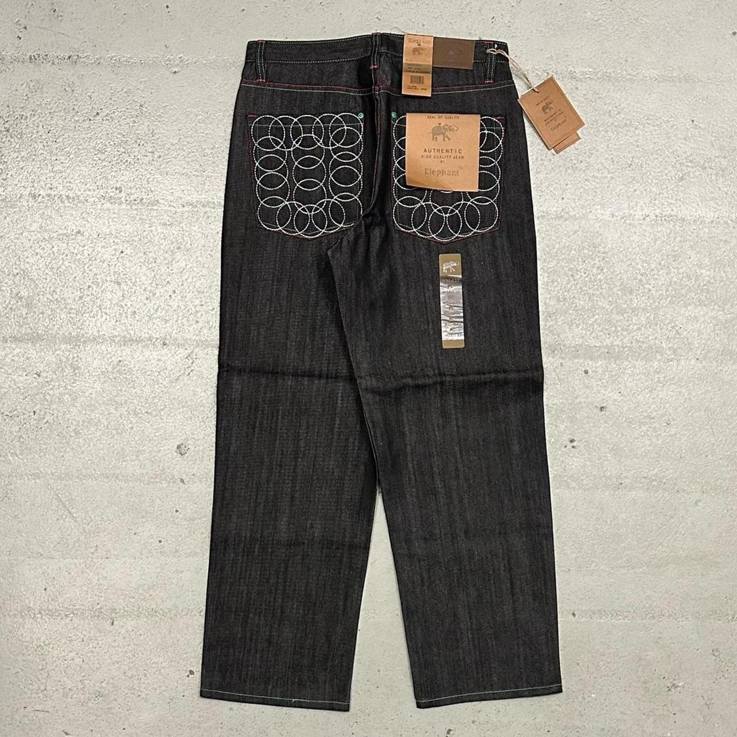 Vintage Baggy Y2k Black Raw Denim Embroidered Back Pocket Denim Jeans Mens 36x32