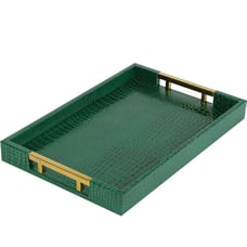 Green serving tray with gold metal handles