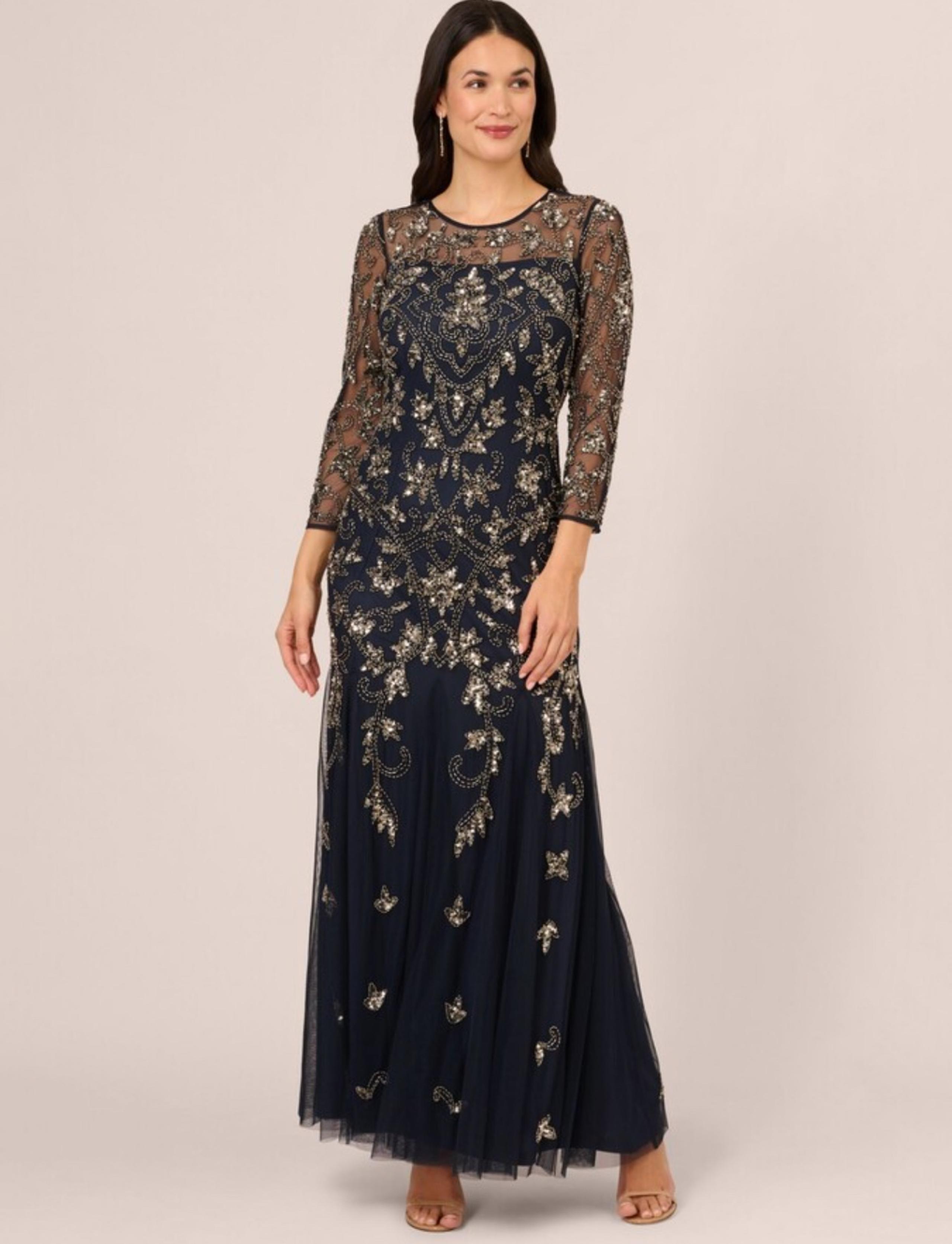 Adrianna Papell Navy and Silver Embellished Maxi Dress size 8 NWT
