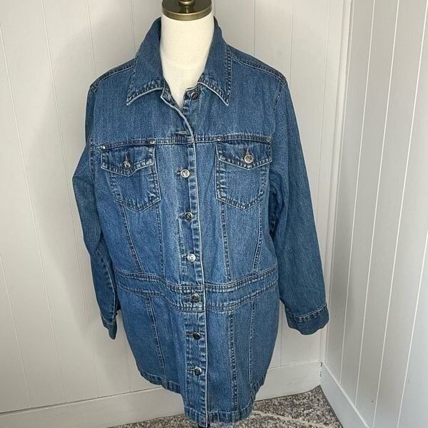 Roamans Womens Size 14W Button Front Long Denim Jacket Blue Pockets 100% Cotton