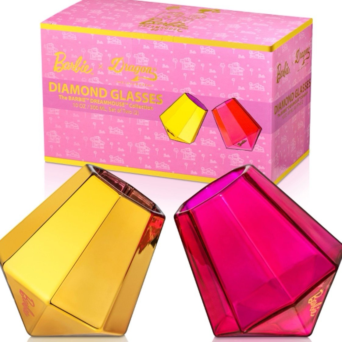Dragon Glassware+Barbie Set of 2 10oz gold & pink whiskey glasses