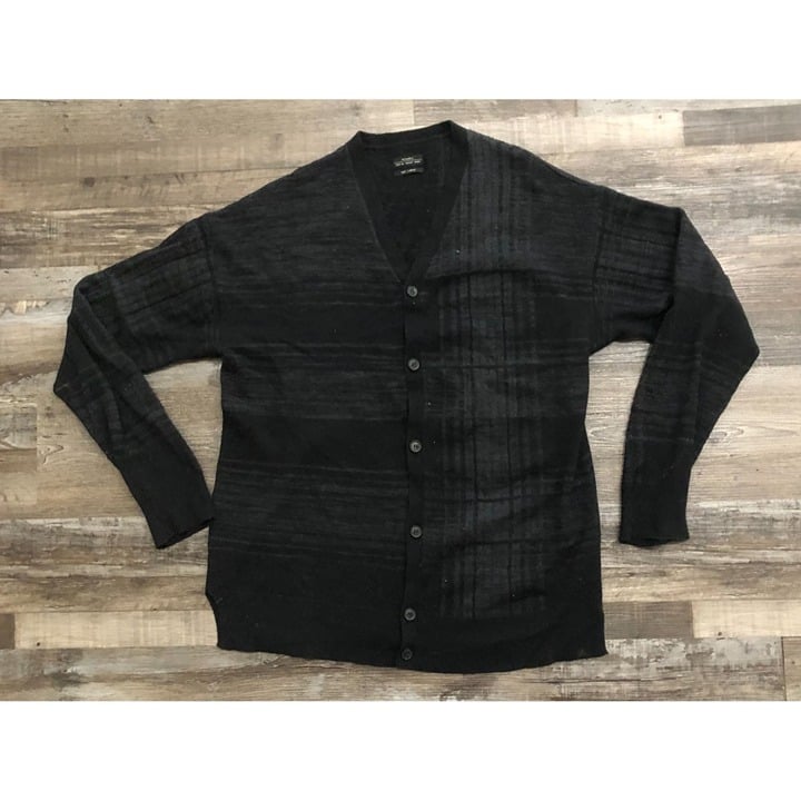 All Saints Mens Large Black Button Up Long Sleeve Wool Sweater