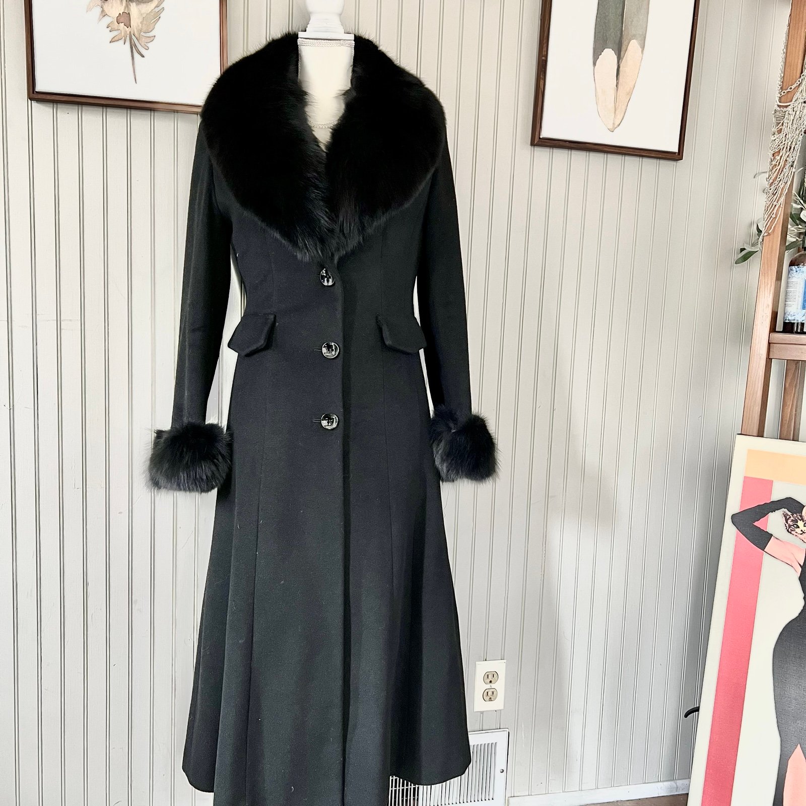 Jones NY Fur Collar and Cuffs Wool Long Black Coat NWOT