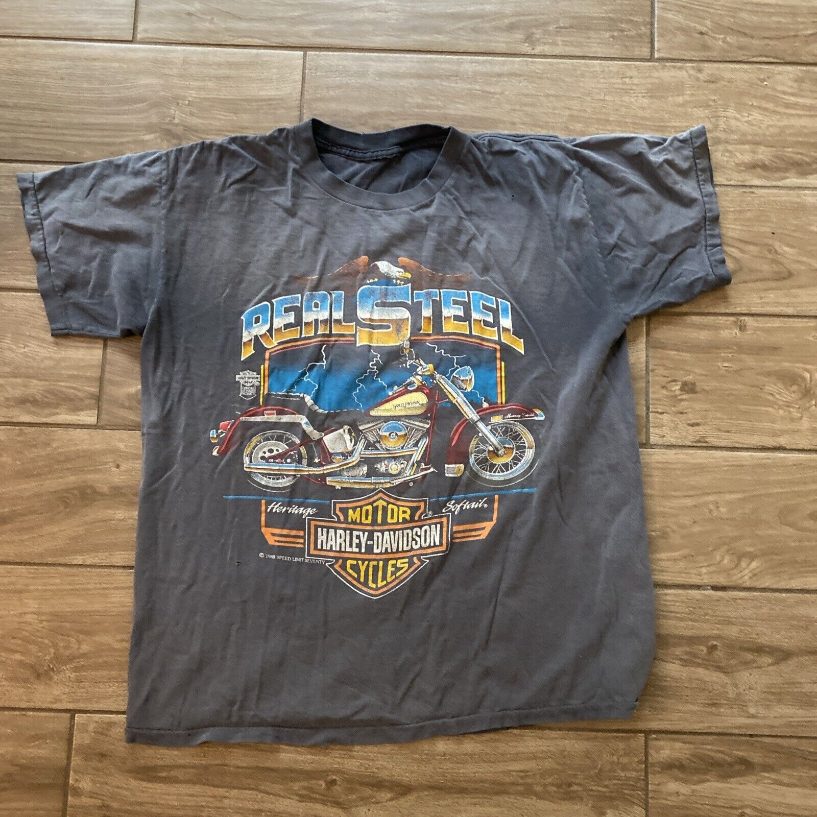 Vintage 80s Harley Davidson Real Steel Single Stitch T Shirt USA Faded Gray