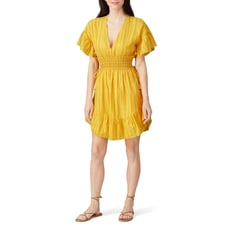 Saylor Adrianne Yellow Metallic Stripe Smocked V-Neck Mini Dress Size M