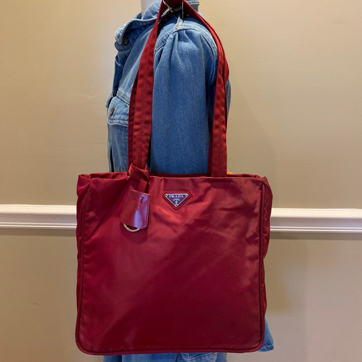 Prada Red Nylon Shoulder Tote Bag