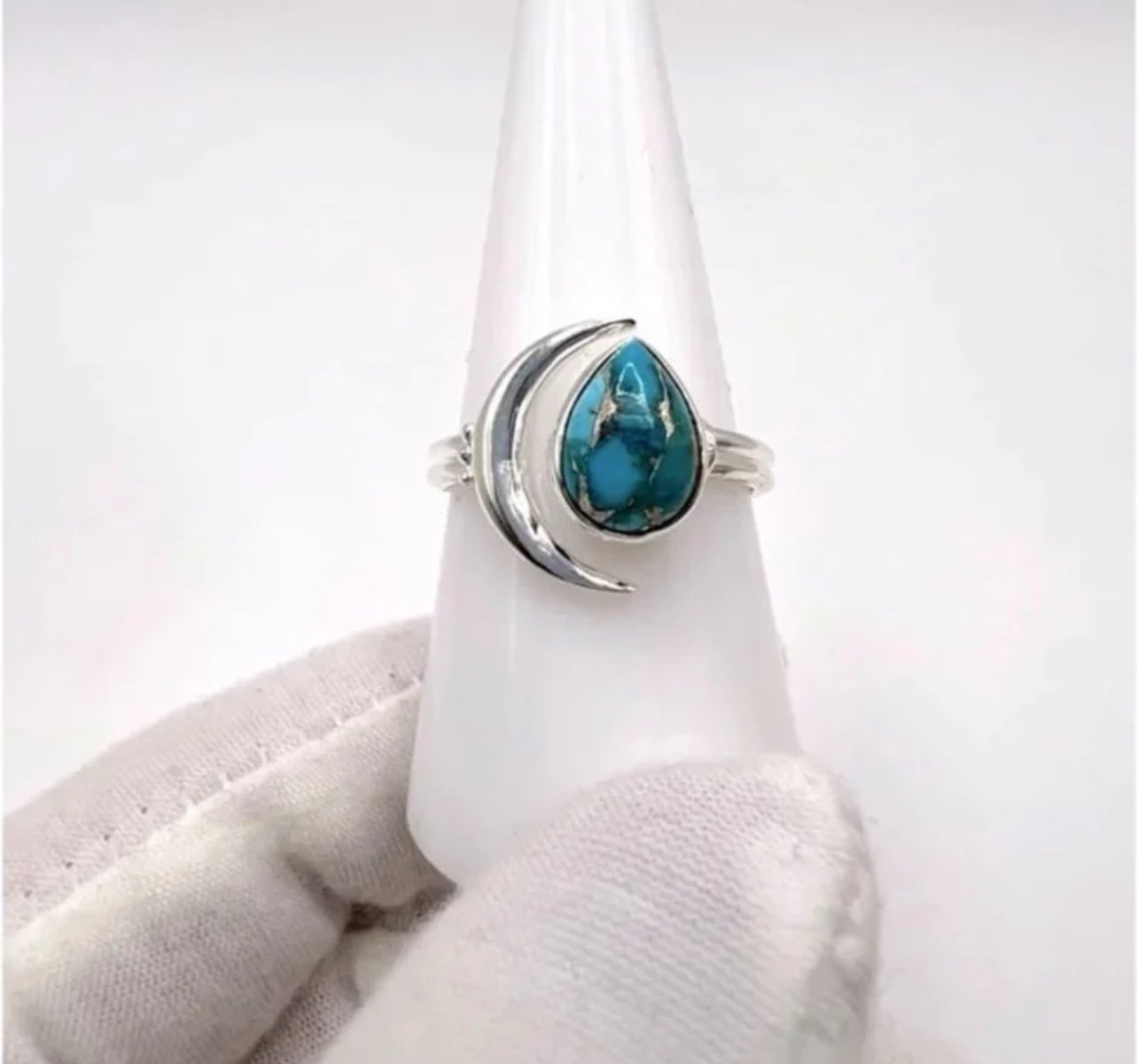 Genuine Copper Turquoise .925 Sterling Silver Moon Adjustable Ring