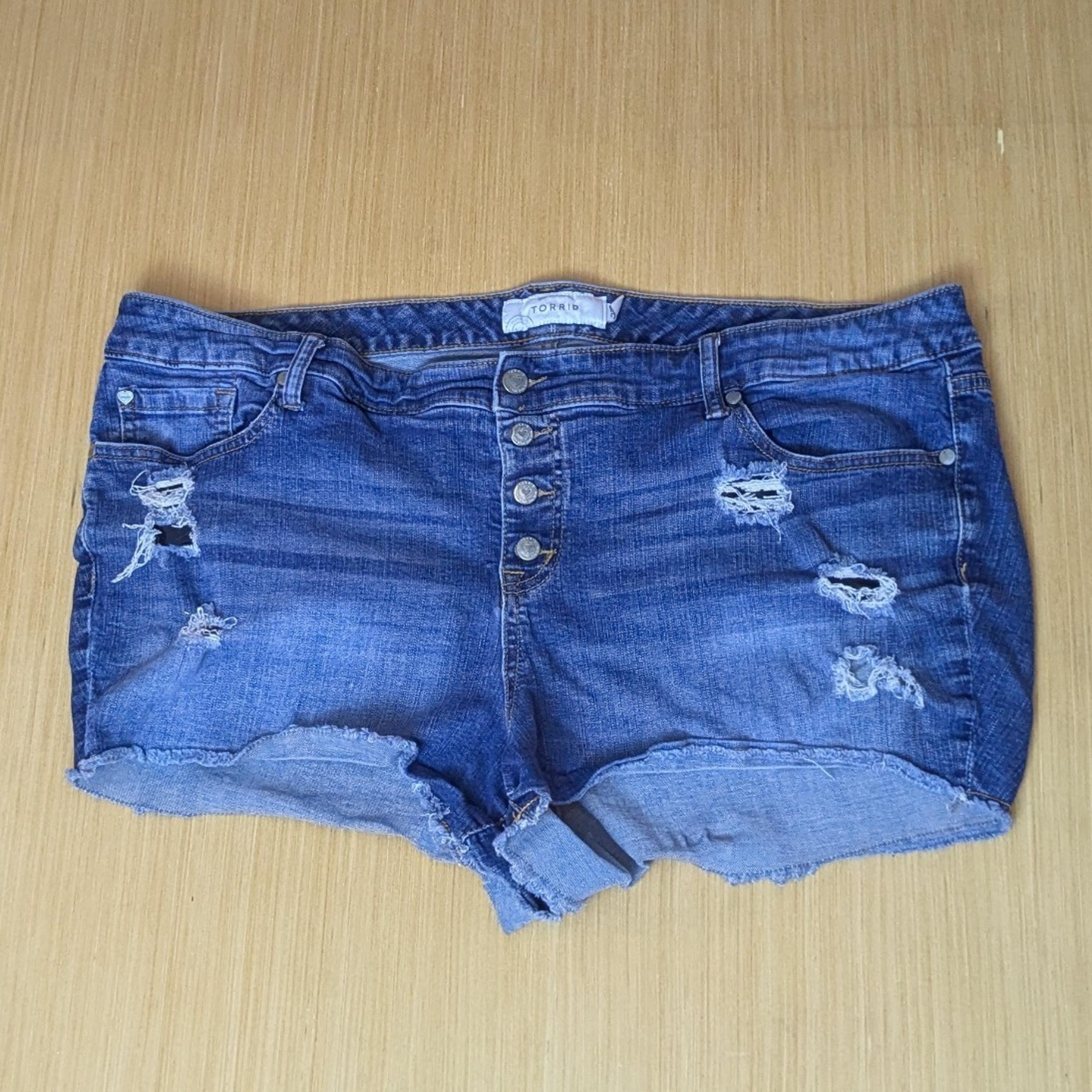 Torrid Button Fly High Waist Distressed Denim Blue Micro Mini Shorts Women's 22