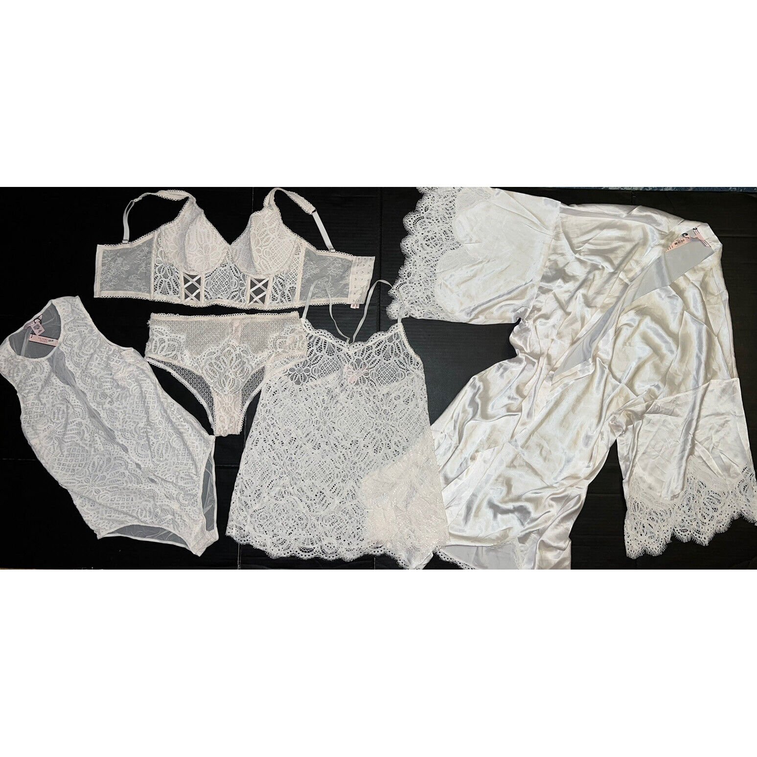 Victoria's Secret 34DD BRA SET+TEDDY+cami SLIP+KIMONO COCONUT white lace ivory