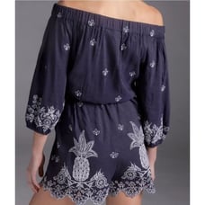 NWT Anthropologie Farm Rio Linen Pineapple Romper XS Navy Embroidered Summer