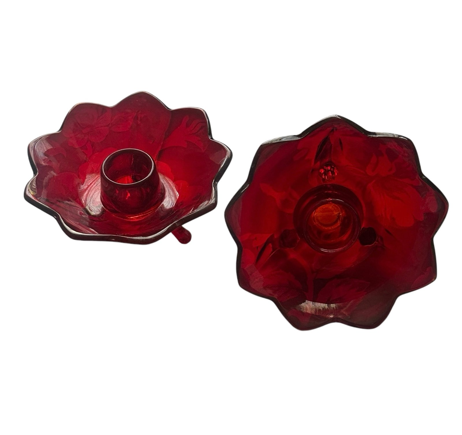 Set Of 2 Vintage Fenton Lotus Ambernia Red Glass Candle Holders Footed 4 READ