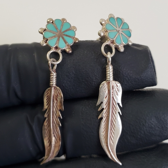 Sterling Silver 925 Turquoise Enamel Flower Earrings