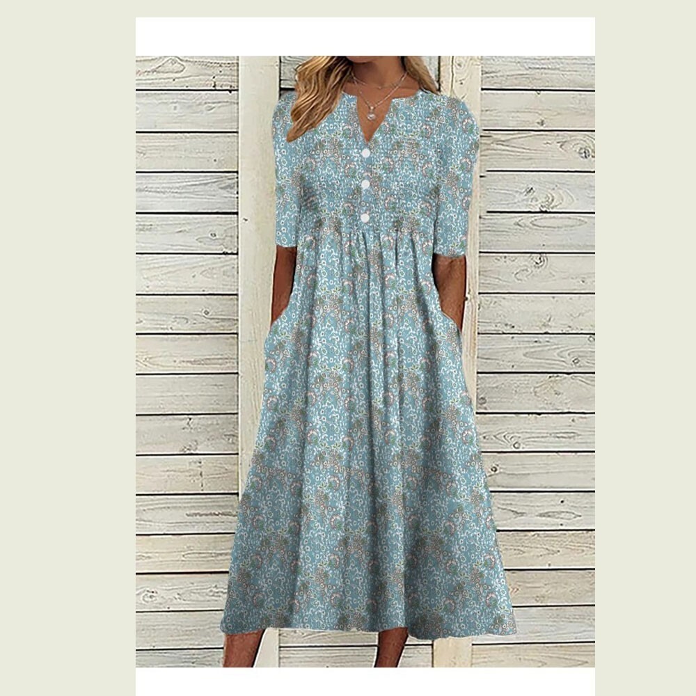 Curvedream Women's Size M Green Blue Floral Midi Dress Half Sleeves