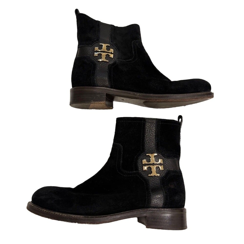 TORY BURCH Size 7M Alaina Black Suede Flat Ankle Bootie Side Zip Gold Logo