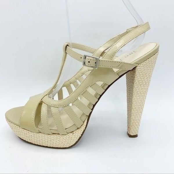 Jon Josef Patent Leather Sky-High Woven Straw Platform Sandal 9.5