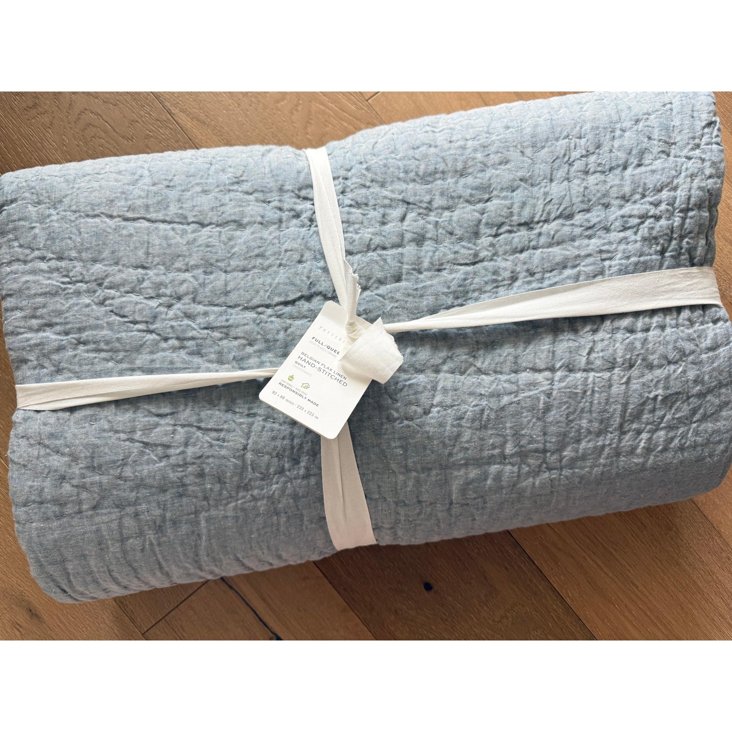 New Pottery Barn Belgian Flax Linen Handcrafted Quilt Chambray Blue Full Queen