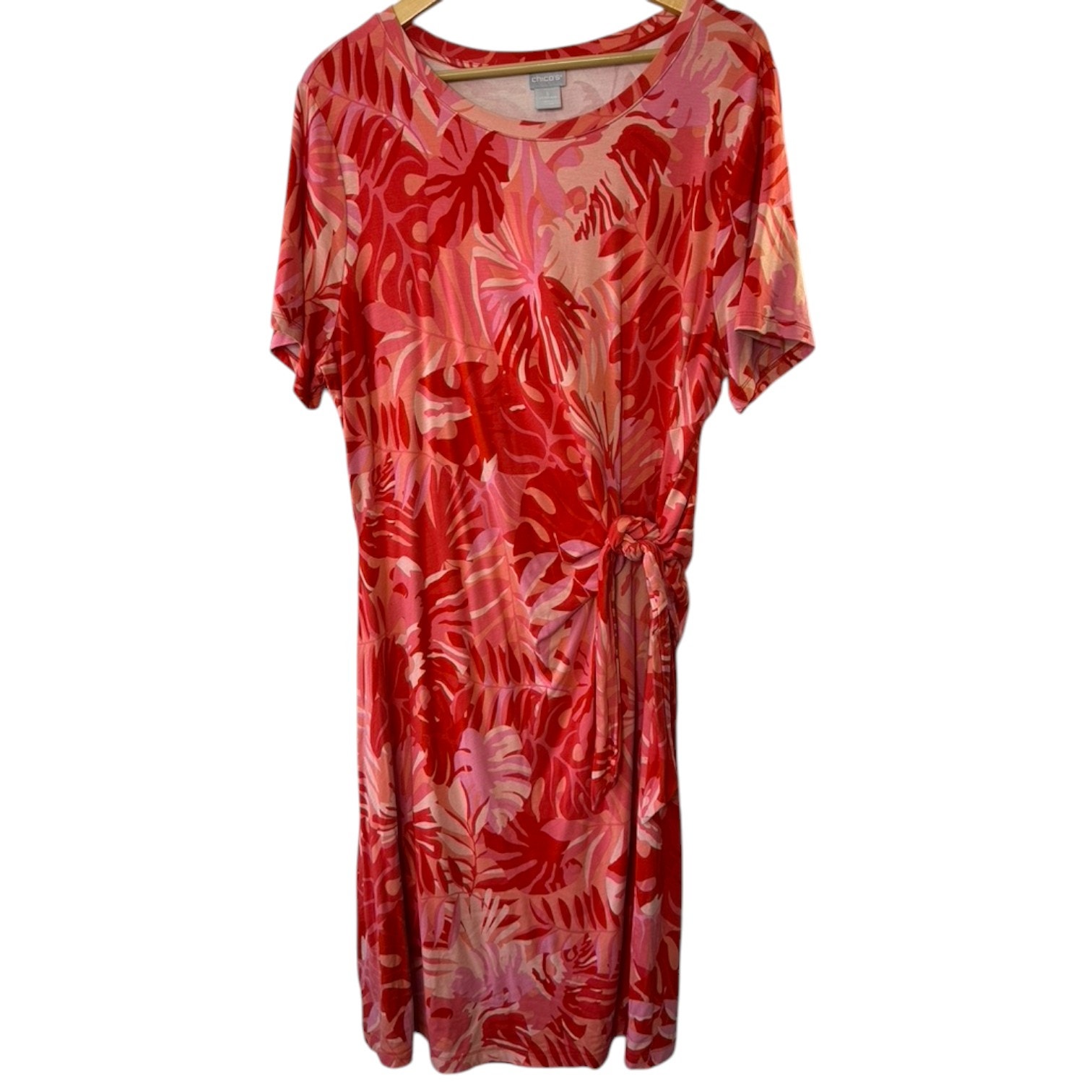 Chico's Red & Pink Tropical-Print Side-Tie Dress Women's Size XL 16