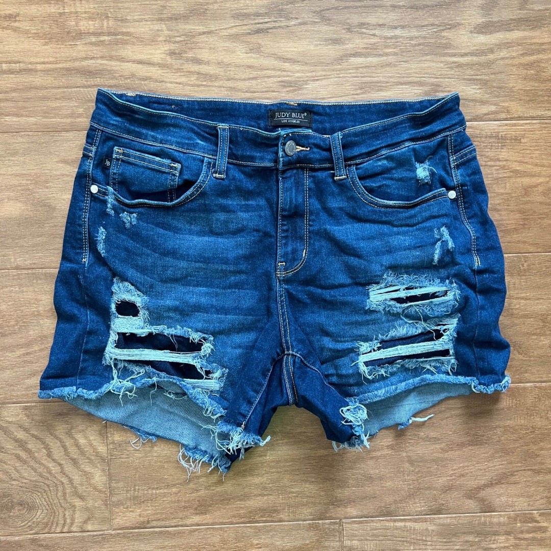 Judy Blue Denim Jean Shorts Size 1XL Mid Rise Patch Cut Off Dark Wash Distressed