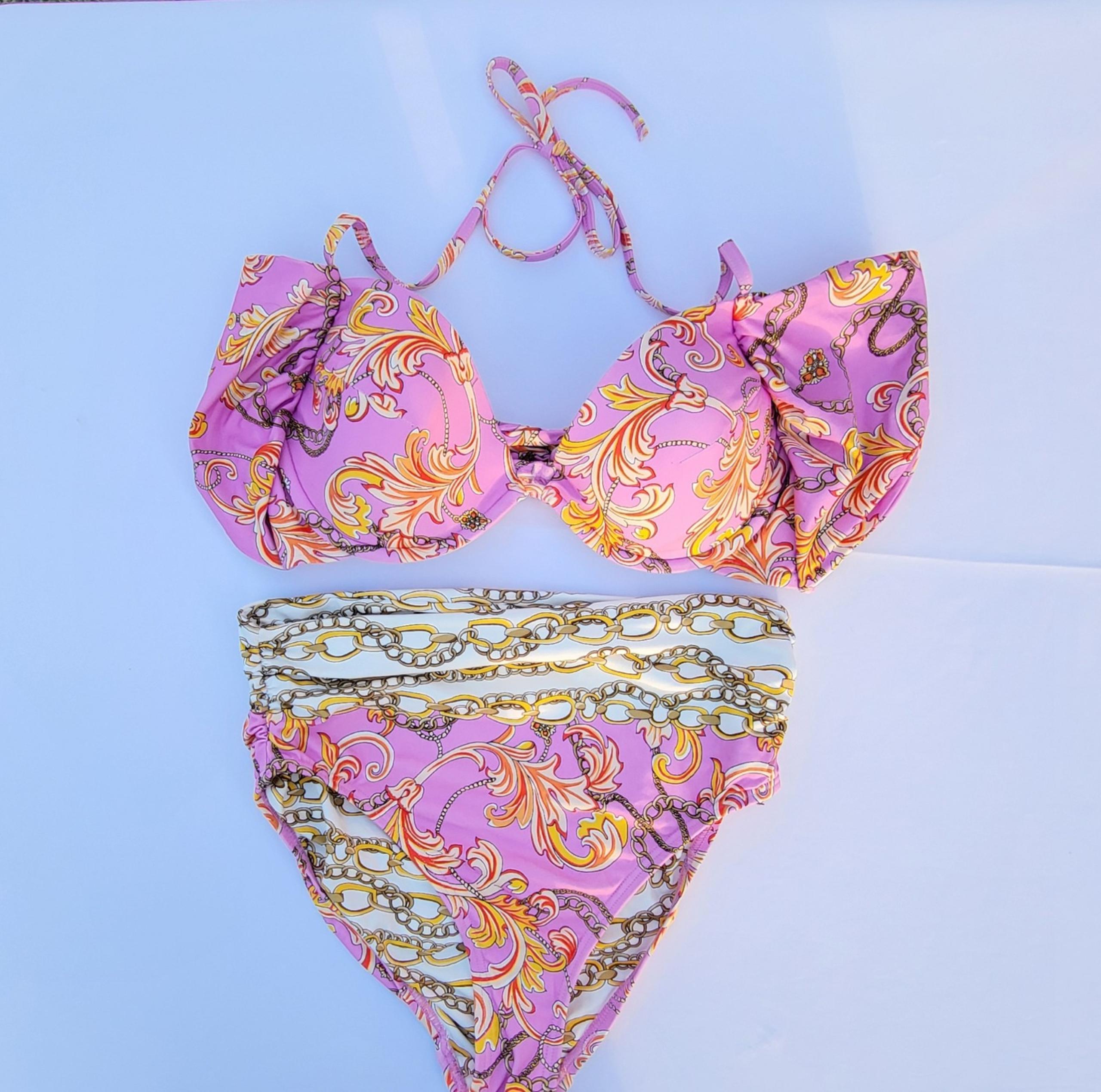 Carmen Marc Valvo Size L Paisley 2-Piece Bikini Pink Multi Full Coverage NWT