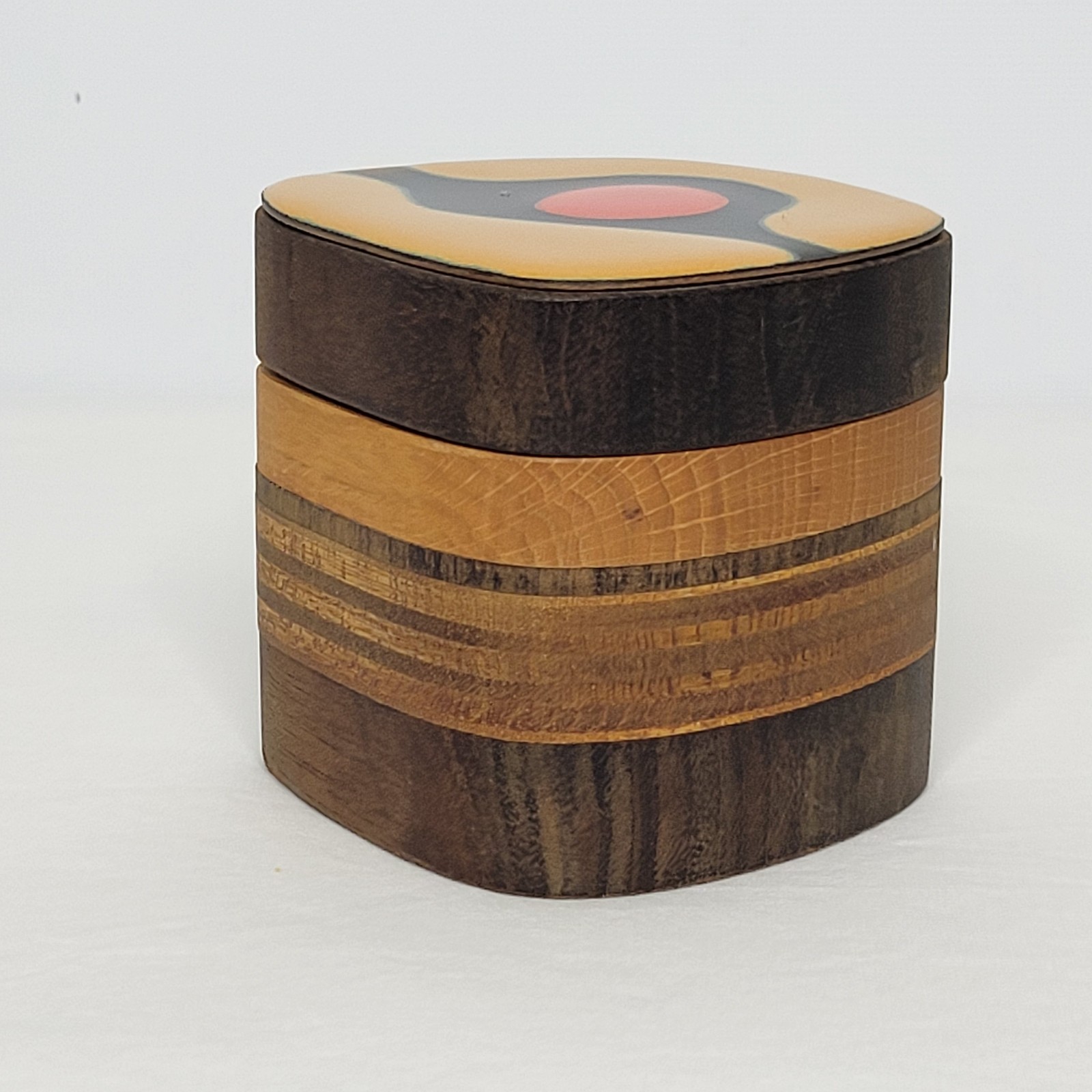 Vintage Rita A. Blum Lidded Wooden Box Enamel Metal Lid Signed