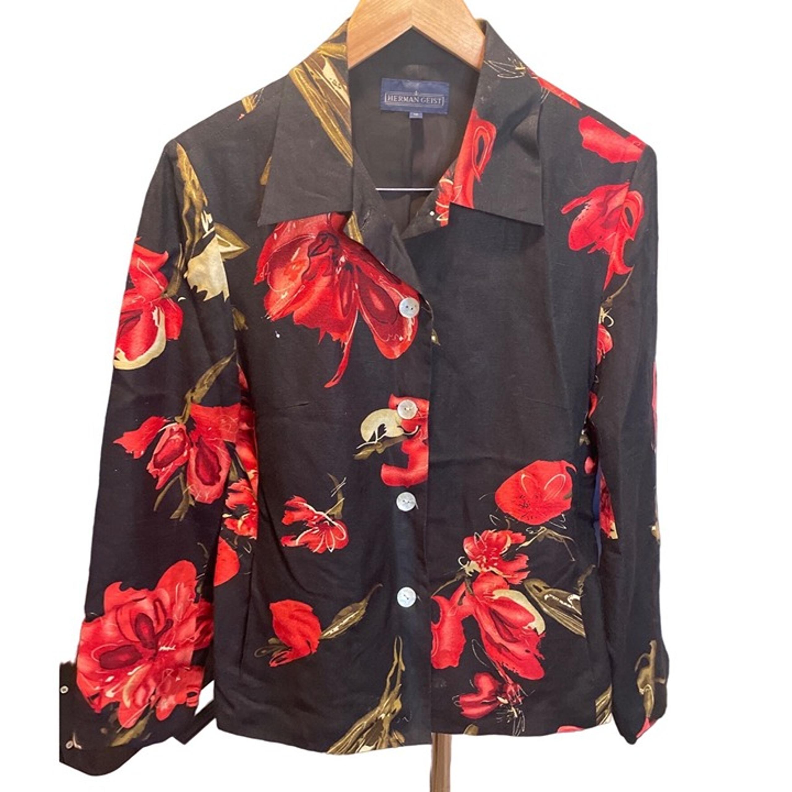 Herman Geist Womens Floral Button-Up Jacket Size 10 Black Red Gold Flower Print