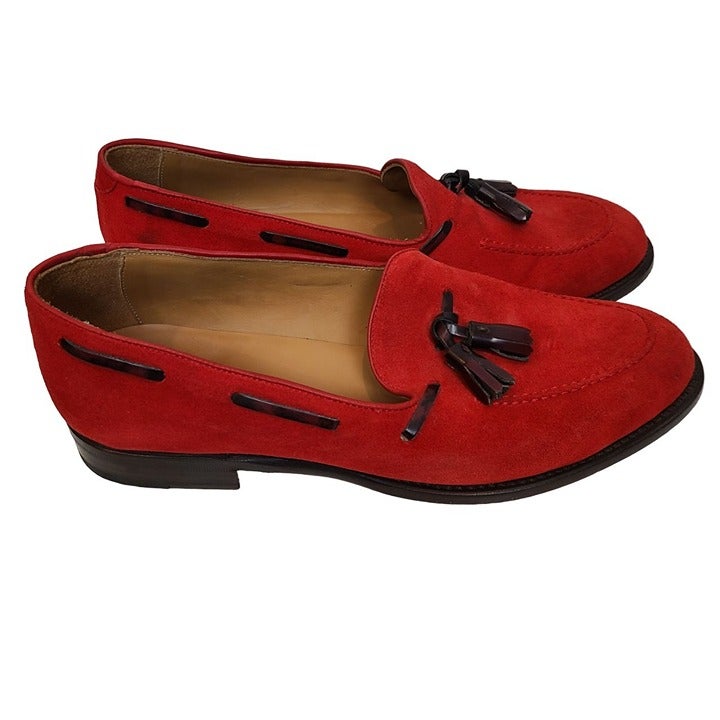 Quero Shoes Mens 11 Red Suede Leather Slip On Tasseled Loafers Almond Toe