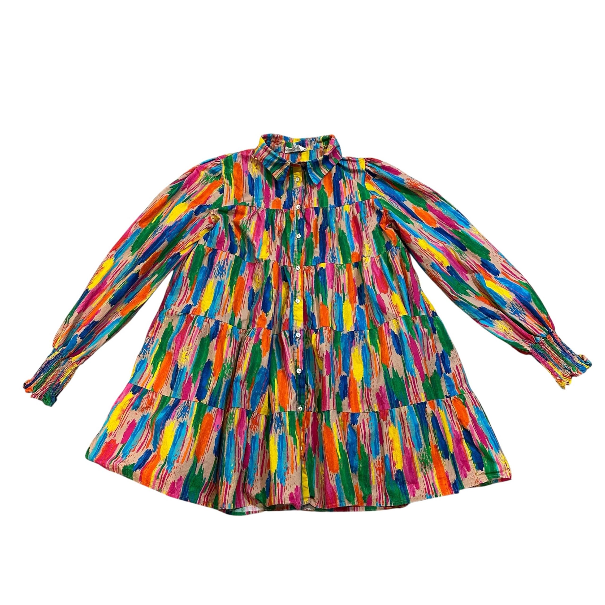 Peach Love California Colorful Button Down Shirt Mini Dress Size M