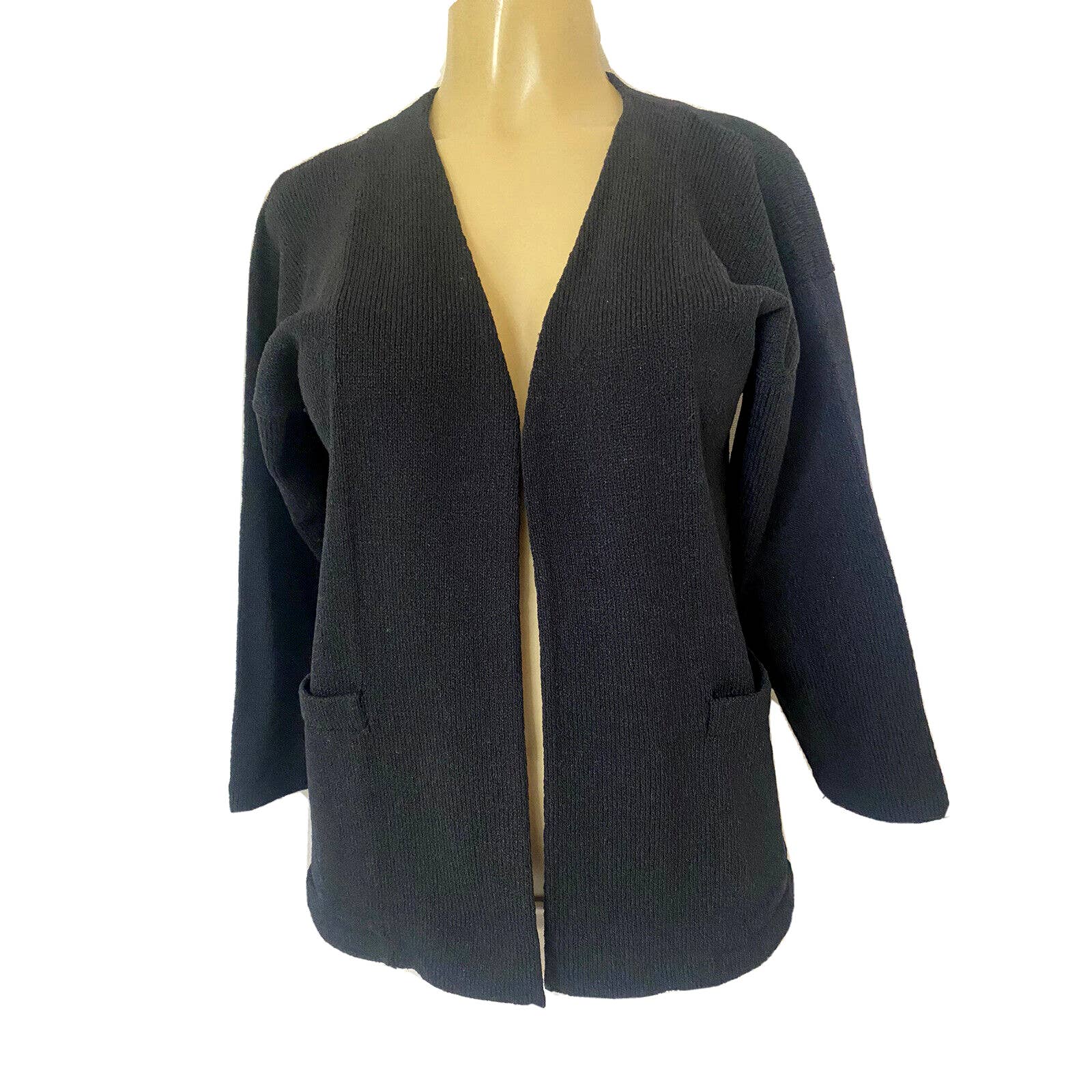 St John Santana Knit Open Jacket Cardigan Sweater Blazer Black 3/4 Sleeve M