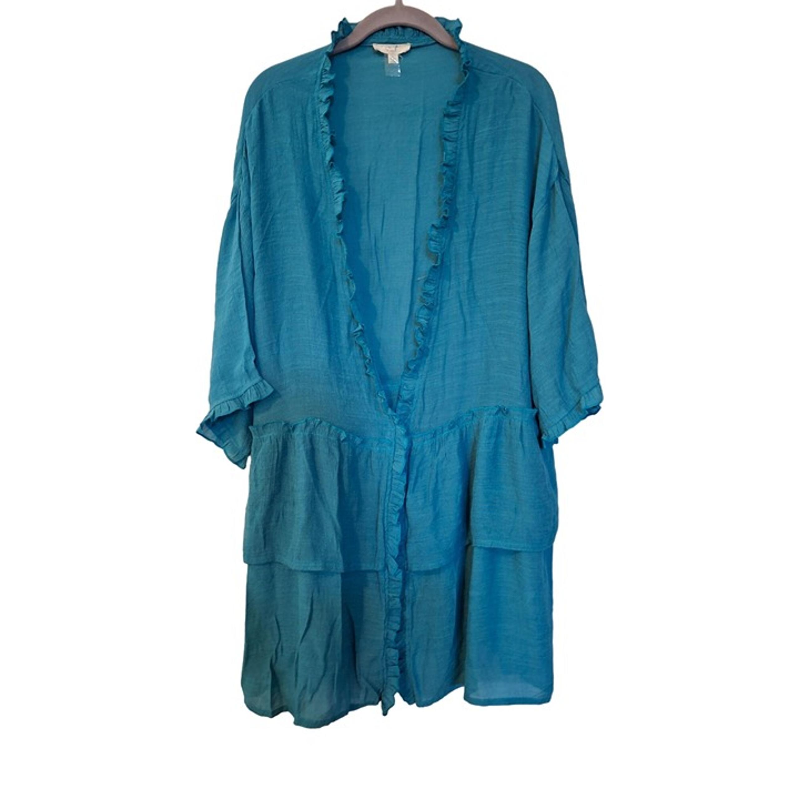 Easel Open Front Cardigan 3/4 Sleeves Womens Large Blue Ruffle Details