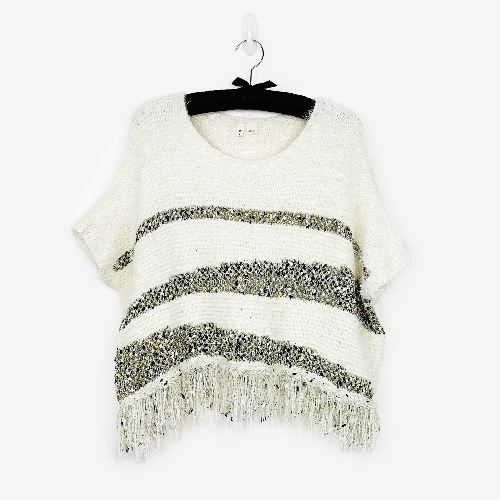 Anthropologie Moth Crew Fringe Poncho Small Cream Sweater Western Flowy