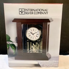 International Silver Co. Mahogany Carousel Carriage Table Clock, Brass Accents