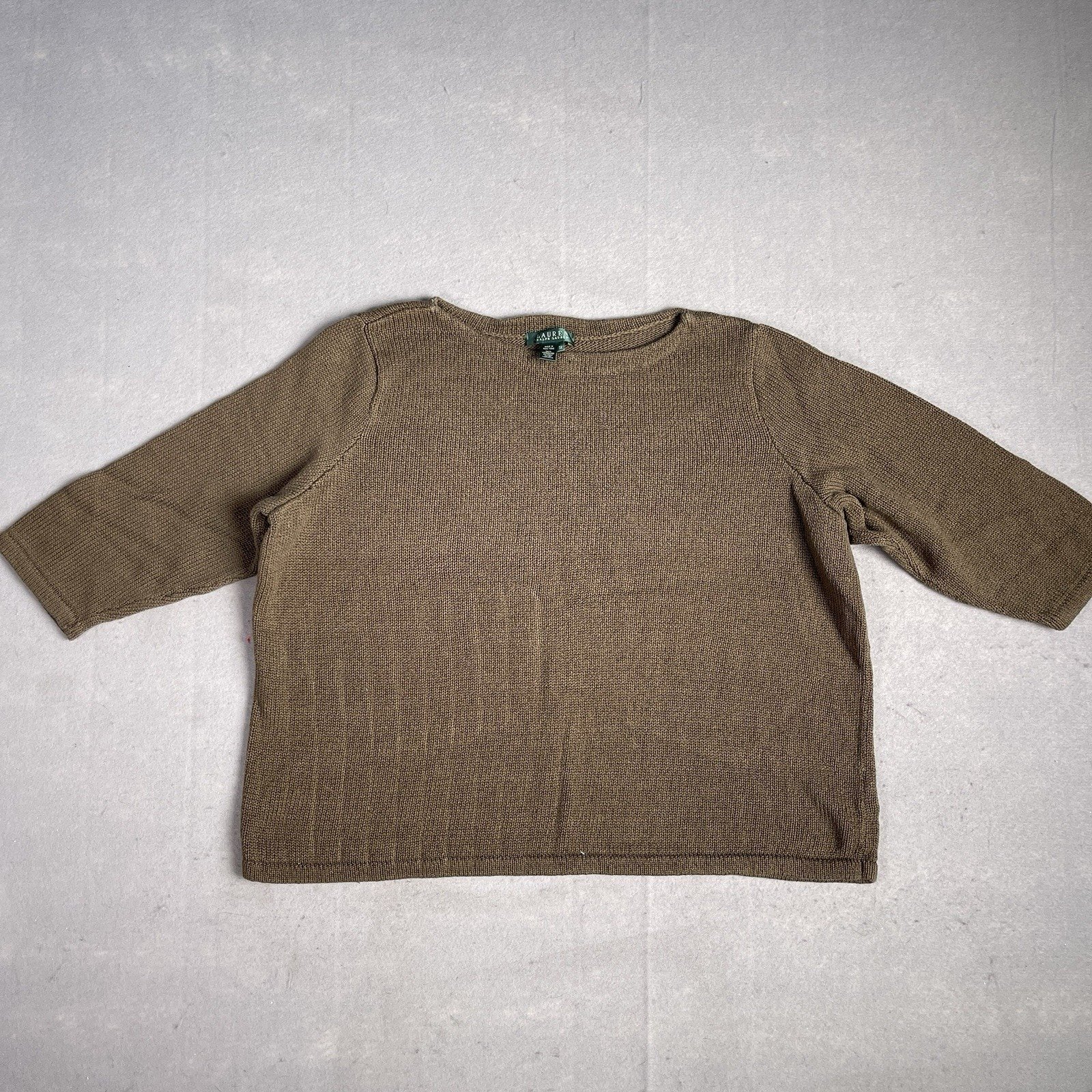 Lauren Ralph Lauren Round Neck Pullover Sweater Women 3X Brown Cropped 3/4 Sleev