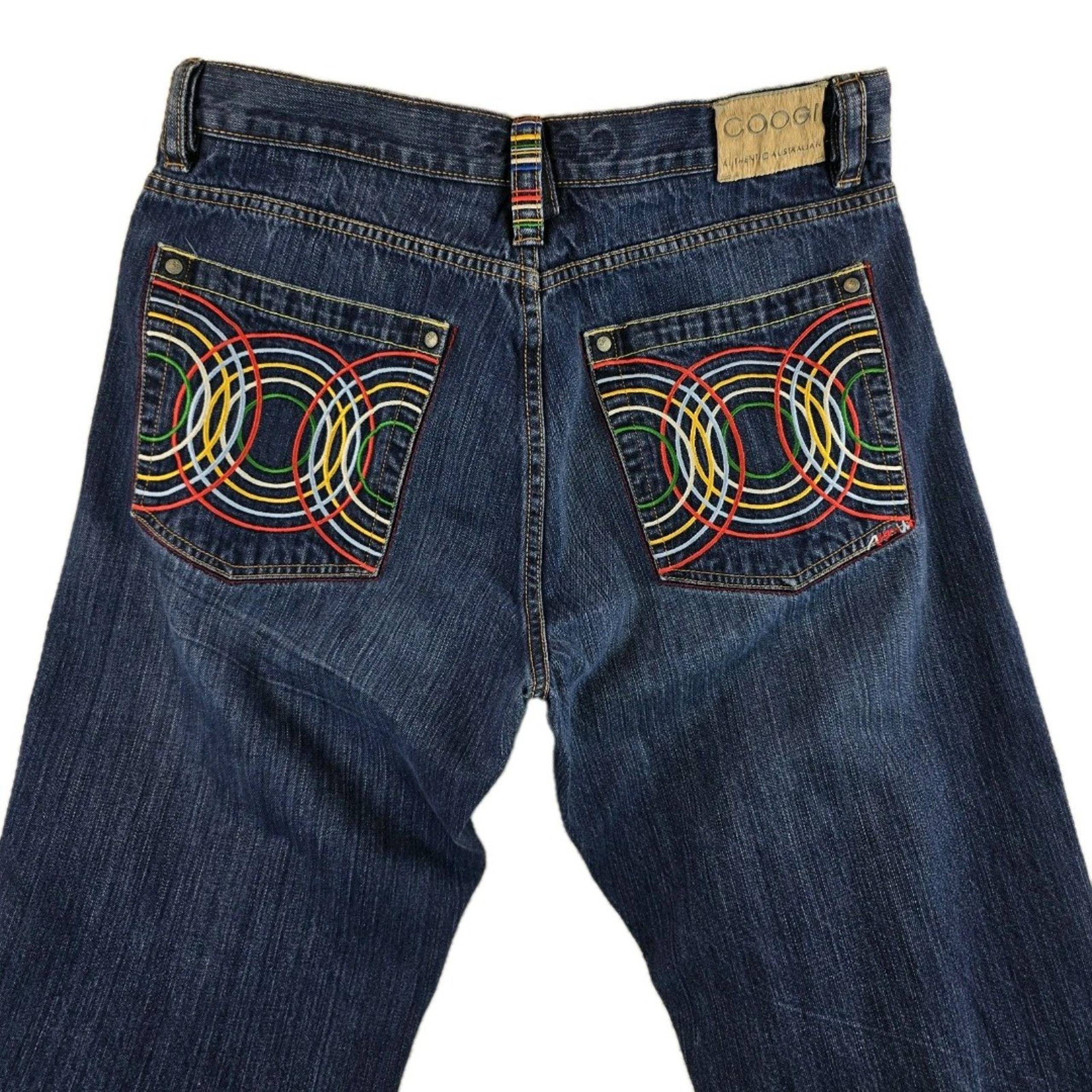 Coogi Embroidered Colorful Pockets Medium Wash Denim Jeans Mens Sz 38x34 Baggy