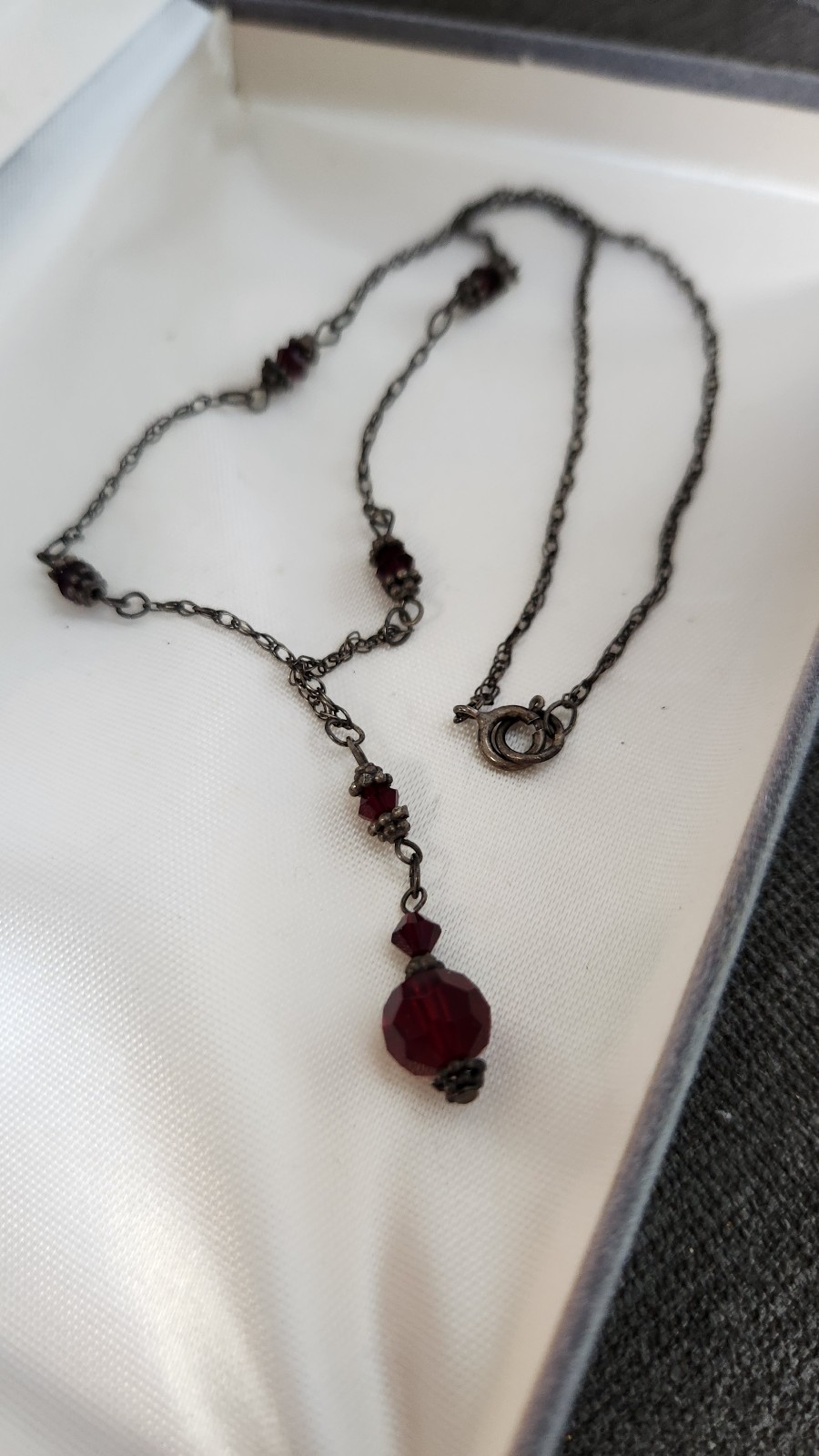 Antique Sterling Deep Red Austrian Crystal Festoon Y Drop Necklace