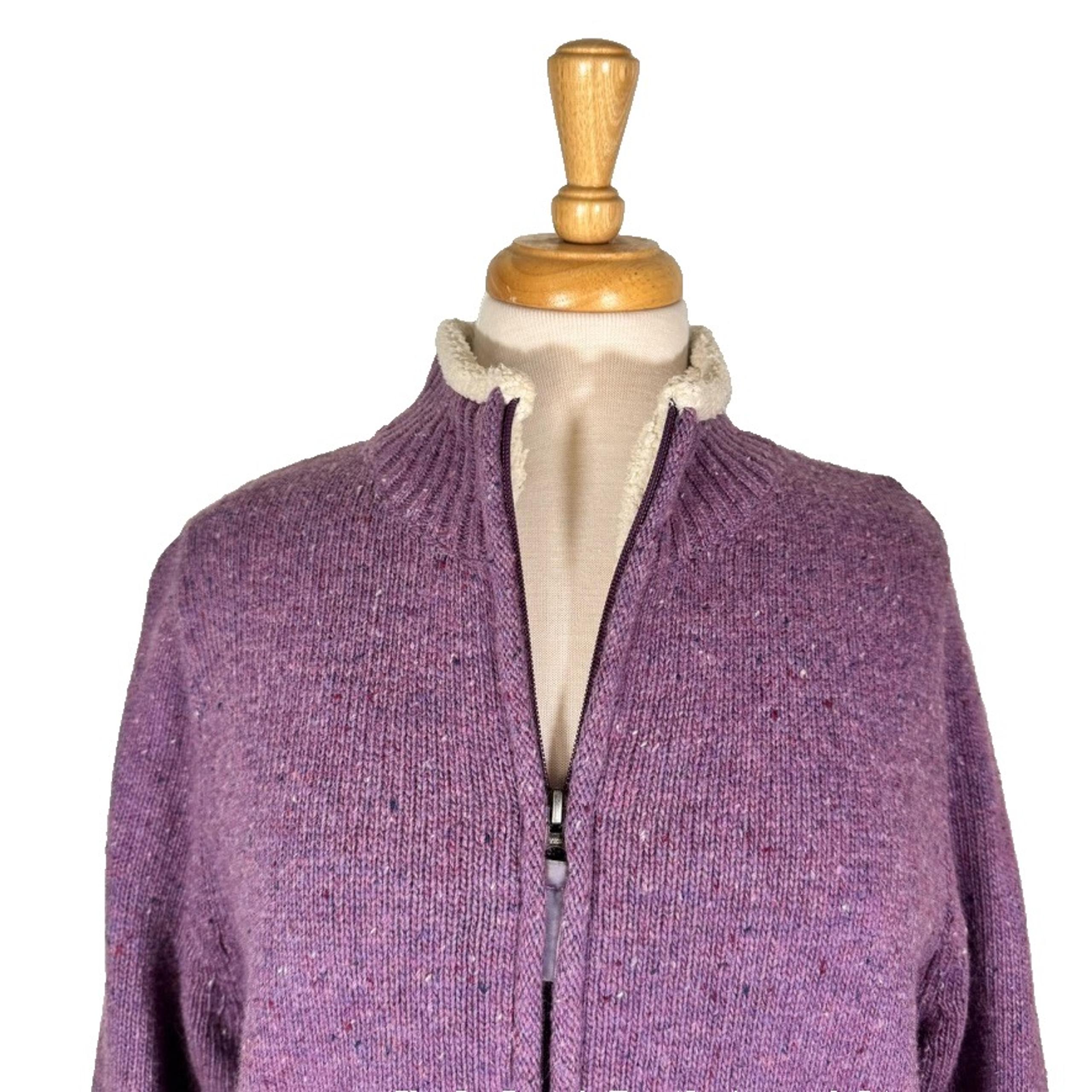 LL Bean Women M Lambswool Zip Up Jacket Purple Wool Sherpa Lined Warm Layer