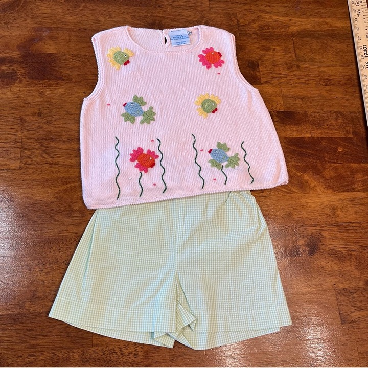 Vintage Bella Bliss 100% cotton knit top seersucker shorts fish pink green sz 6
