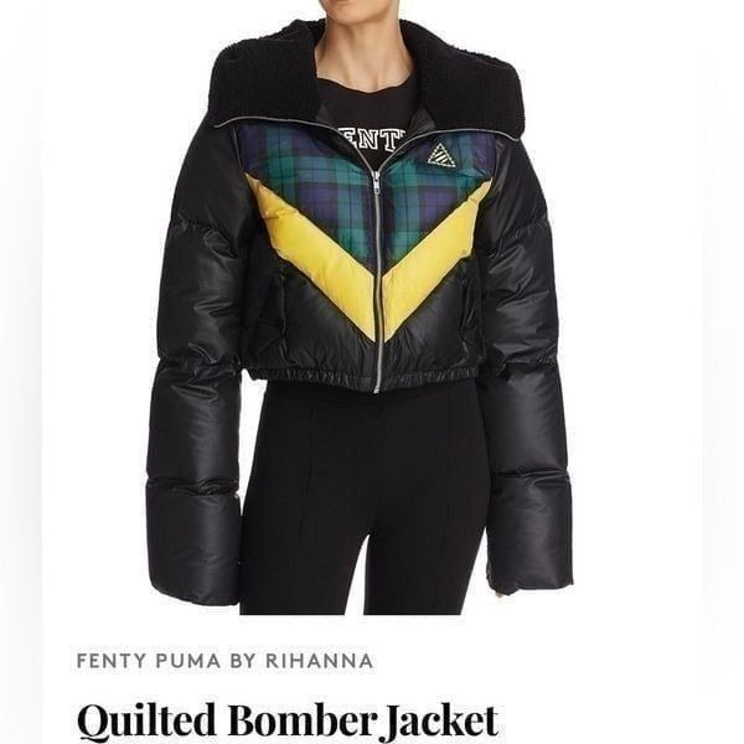 Fenty Rhianna Quilted Down Puffer Coat Black Plaid Colorblock Jacket Hood L