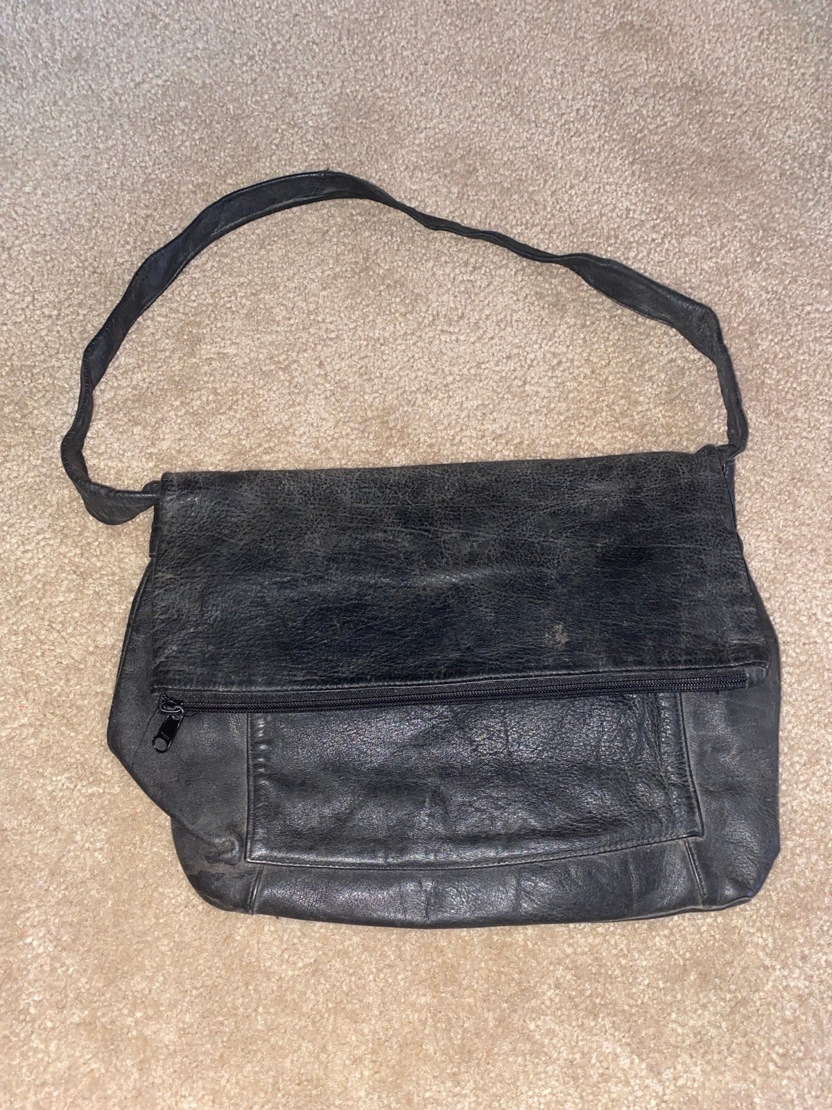 Vintage Genuine Leather Black Large Tote Handbag