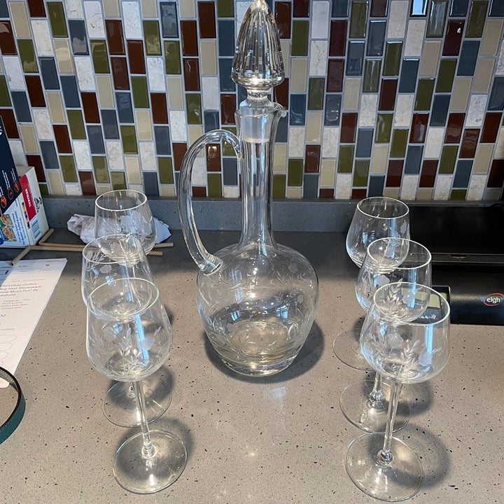 Never used vintage Toscany wine decanter and glasses set