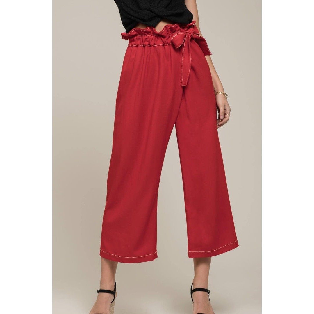 Anthropologie Moon River Red Paper Bag Cropped Wide Leg Pants with Tie Size S